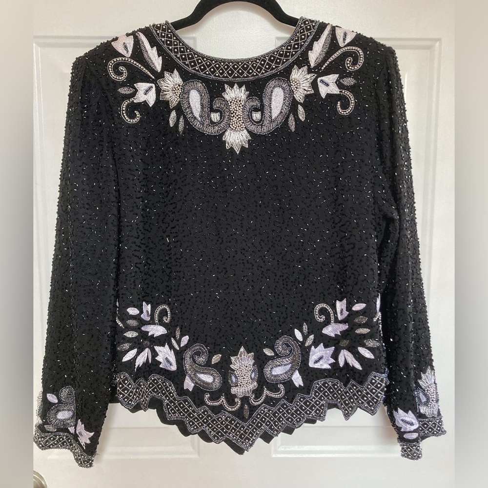 Draper’s & Damon’s Petites Bling Silk Black Beaded Guest Event Blouse Petite LG